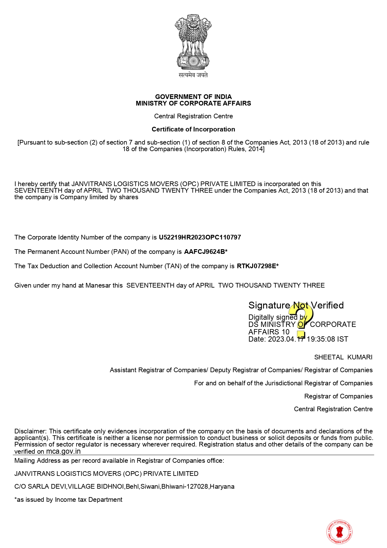 Certificate of Incorporation